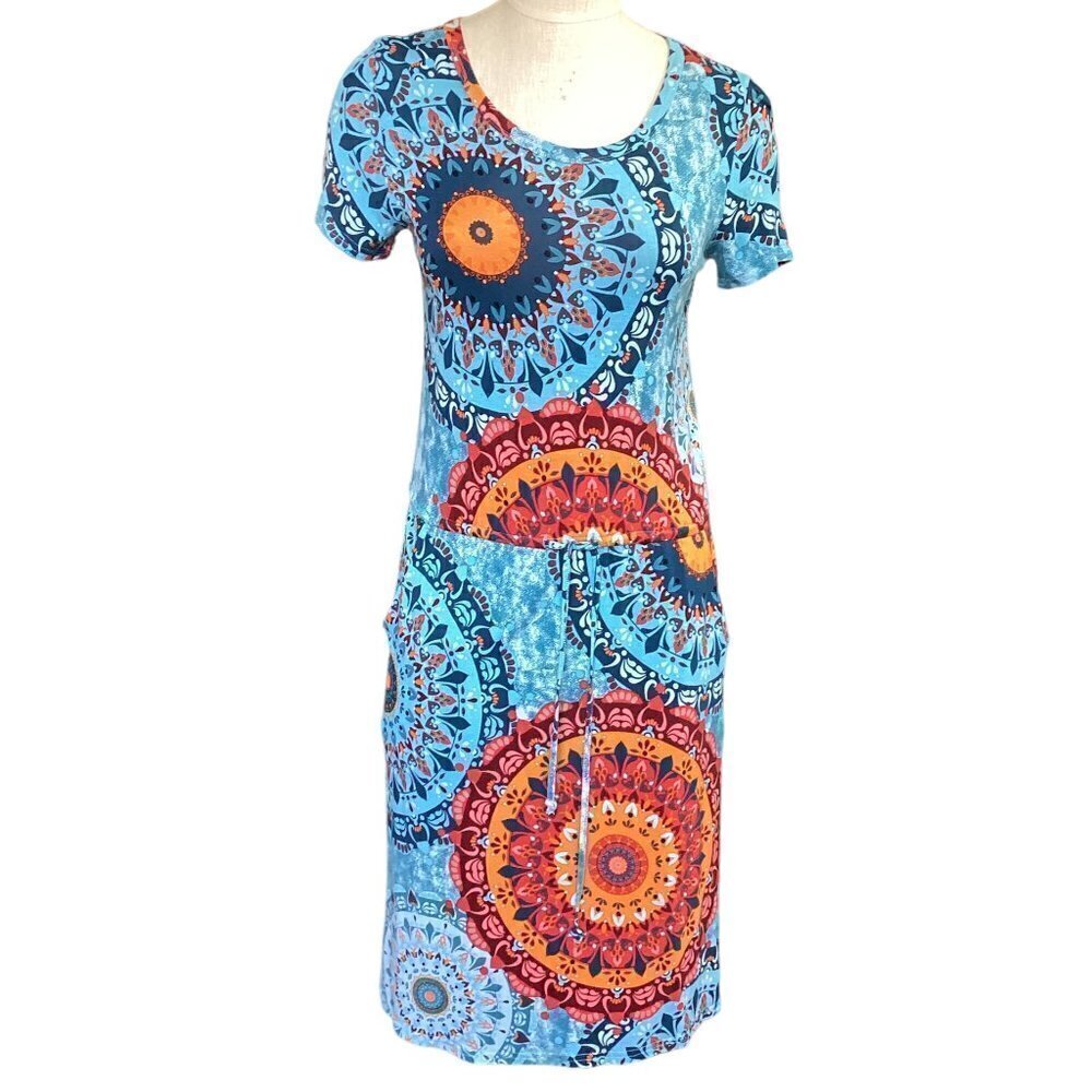 Blue‎ Mandala Print Short Sleeve Casual Knit Dress Sz S 166J